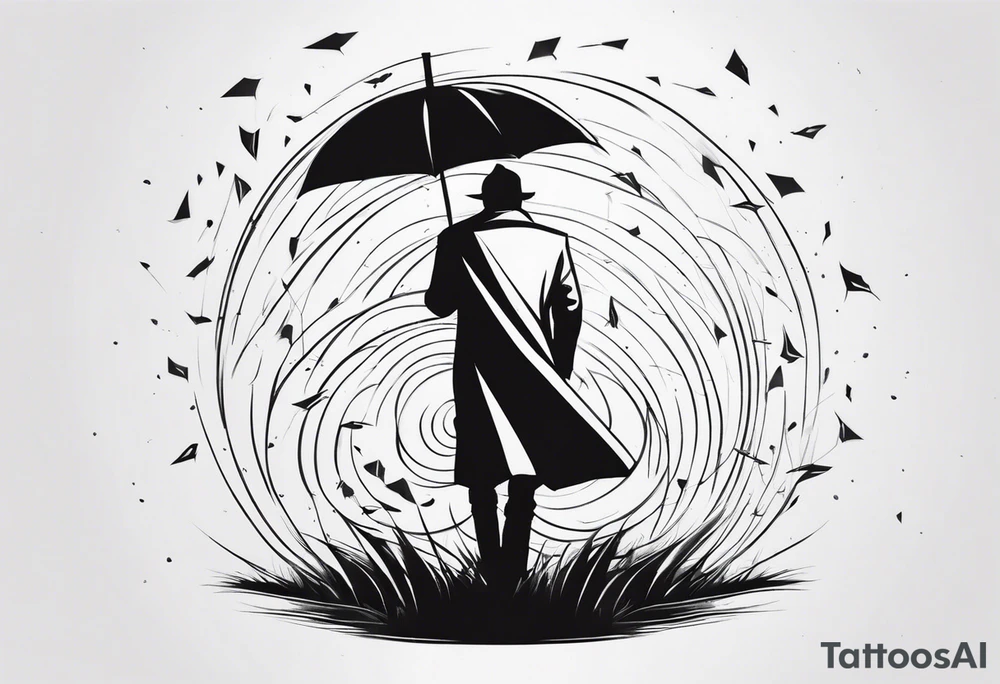 man with umbrella in storm of arrows tattoo idea