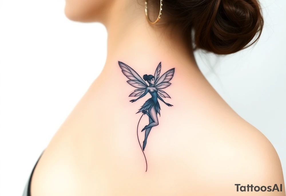 A minimalist fairy tattoo that represents a shattered and betrayed gemini woman who fought hard throughout this year. With colors blue and black. Make it unique and rare. Without leaves and stem. tattoo idea