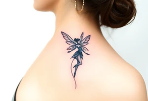 A minimalist fairy tattoo that represents a shattered and betrayed gemini woman who fought hard throughout this year. With colors blue and black. Make it unique and rare. Without leaves and stem. tattoo idea