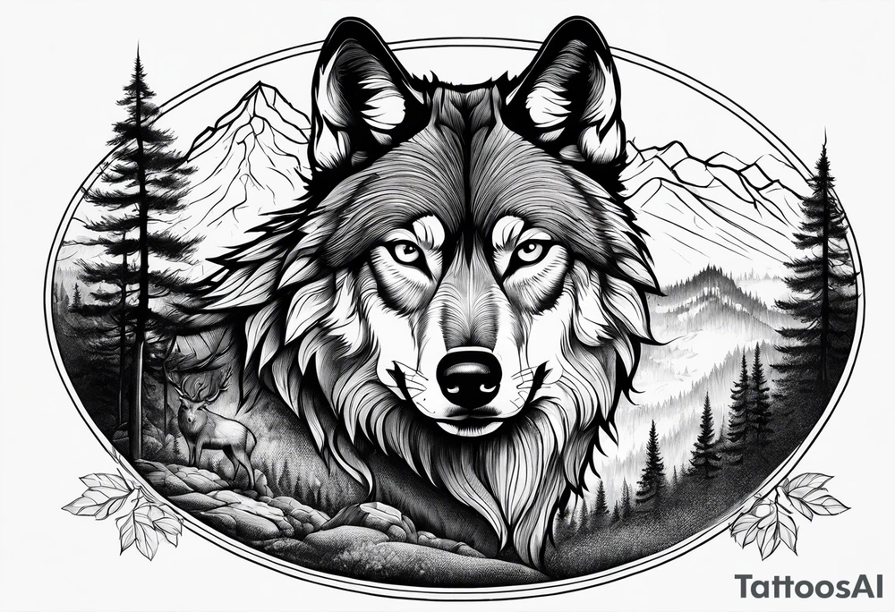 landscape with wolf, stag tattoo idea