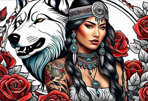 Native American woman wrapped in roses with a wolf tattoo idea
