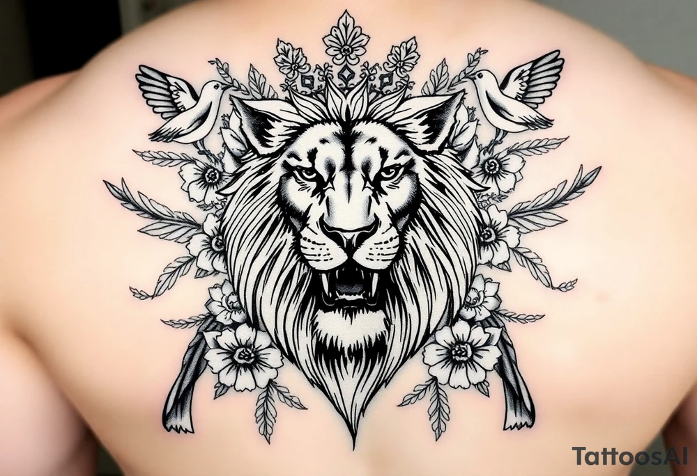 powerful majestic lion with a crown, surrounded by floral ornaments and birds tattoo idea