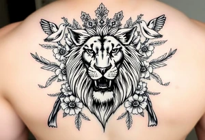 powerful majestic lion with a crown, surrounded by floral ornaments and birds tattoo idea