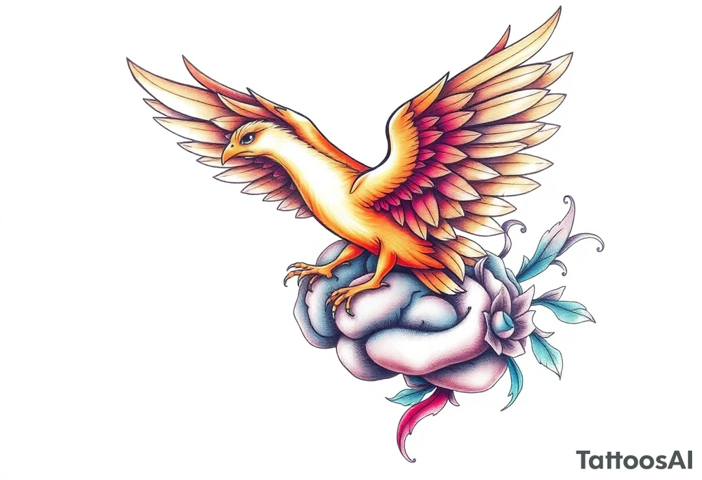 A phoenix flying out of a brain colorful tattoo idea