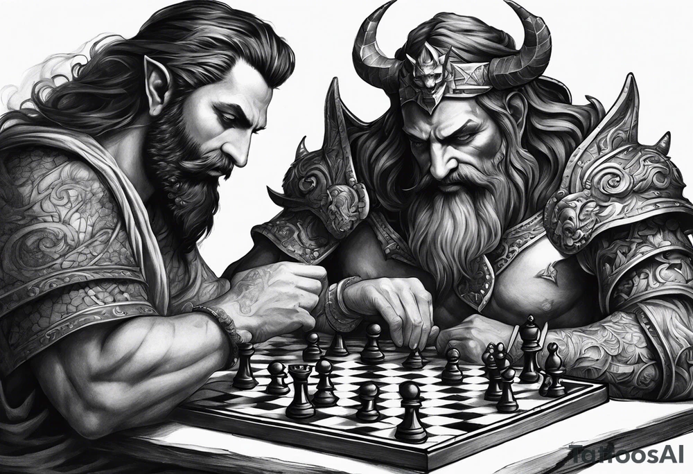 god and demon playing chess tattoo idea