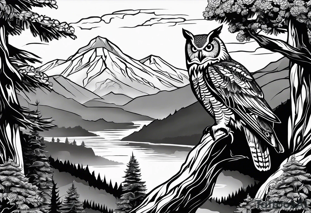 Realistic owl in trees with mountains rocks and cascading water.  Sky with clouds. tattoo idea