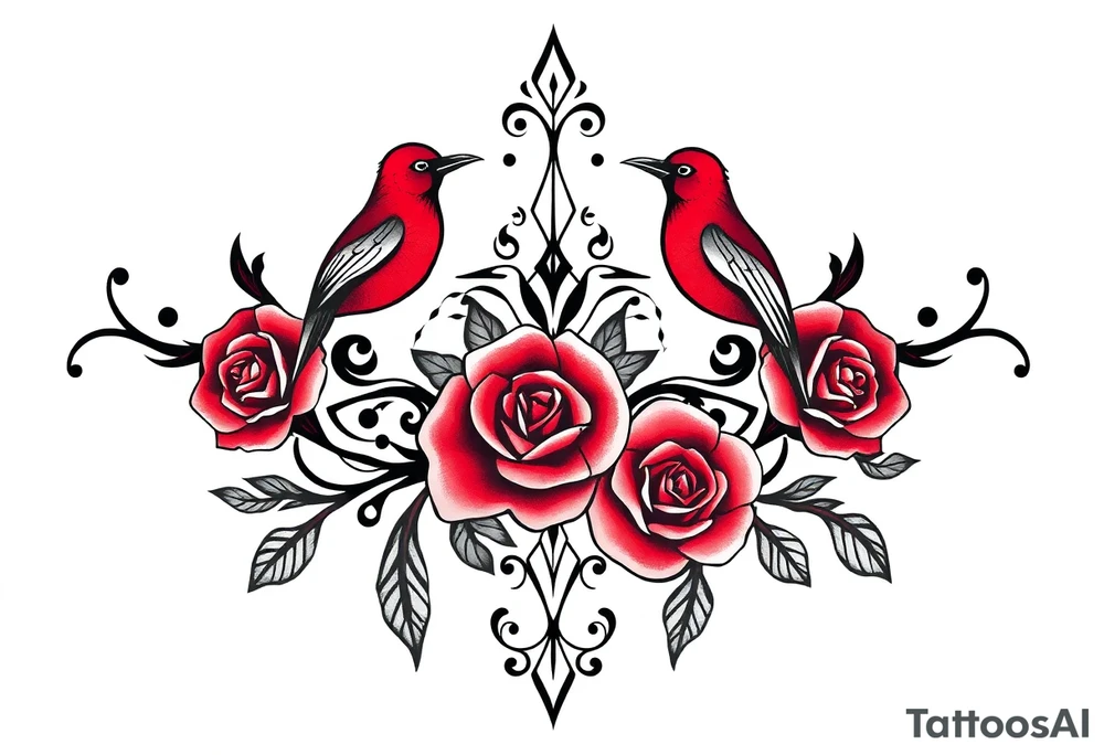 Vintage lace, red roses, red birds, vintage, wrap around, tighter together, no space open tattoo idea