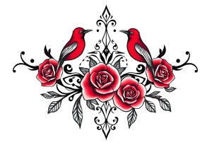 Vintage lace, red roses, red birds, vintage, wrap around, tighter together, no space open tattoo idea