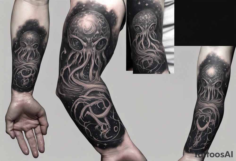 The tattoo features a cosmic and mysterious scene inspired by Lovecraft's works. At the center of the forearm, envision a detailed Lovecraftian creature surrounded by an eerie atmosphere. Tentacles extend down, wrapping around the wrist and ascending along the hand. Dark shading adds depth, and iconic Lovecraftian symbols or runes could intertwine with the creature. Consult with a professional tattoo artist to tailor the design to your preferences and ensure it fits well on your forearm and hand. tattoo idea