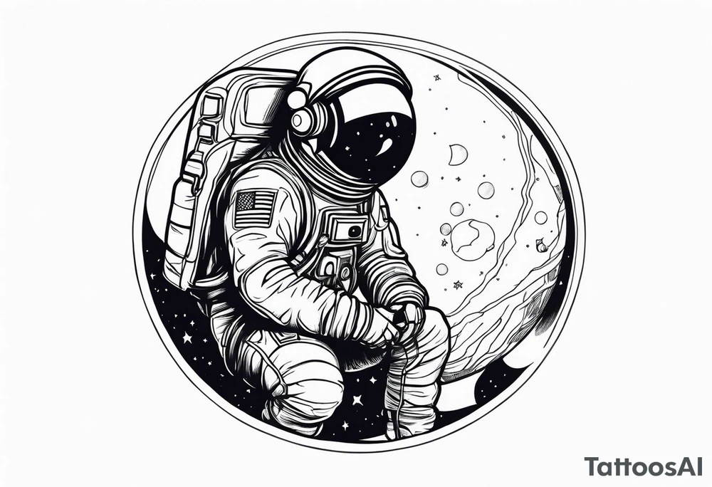 an astronaut hunched over in space from the back holding a planet in his hands tattoo idea