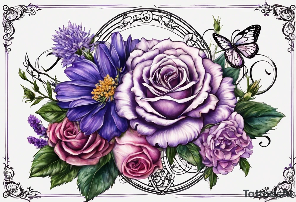Infinity symbol with violet, rose, larkspur and aster birth flowers on one
 side of the symbol the date 8.30.1997 on the other side tattoo idea