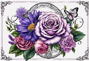 Infinity symbol with violet, rose, larkspur and aster birth flowers on one
 side of the symbol the date 8.30.1997 on the other side tattoo idea