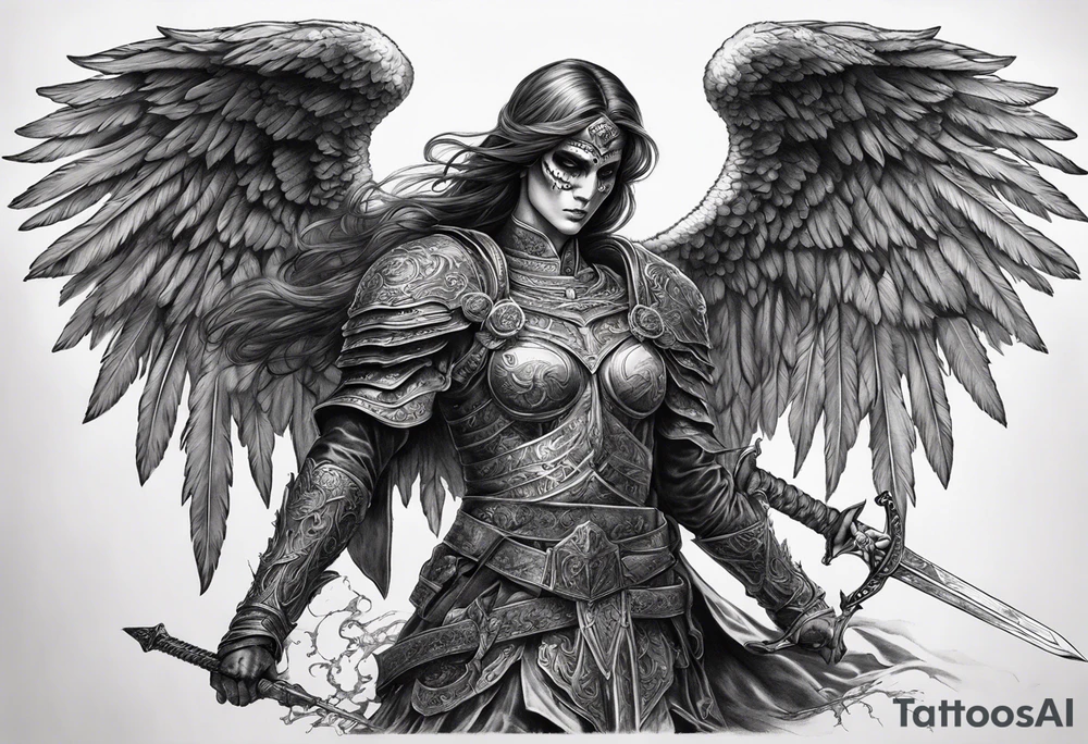 realistic angel of death, full body, no face visible, holding one sword in both hands, sword pointing downwards, skulls lying on the ground tattoo idea
