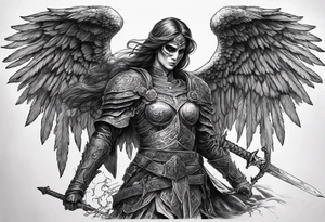realistic angel of death, full body, no face visible, holding one sword in both hands, sword pointing downwards, skulls lying on the ground tattoo idea