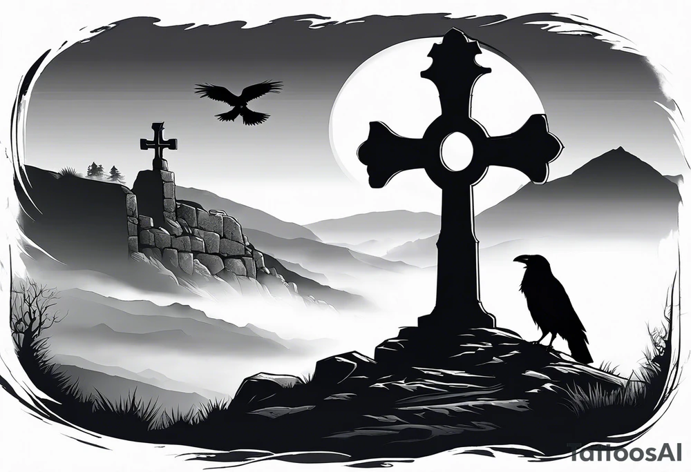 A stone Celtic cross solemnly standing atop a hill, a raven perches atop the cross staring out over the desolation. A ruined stone wall lies crumbling near the cross. Mist rolls along the hilltops adding to the melancholic nature of the scene tattoo idea