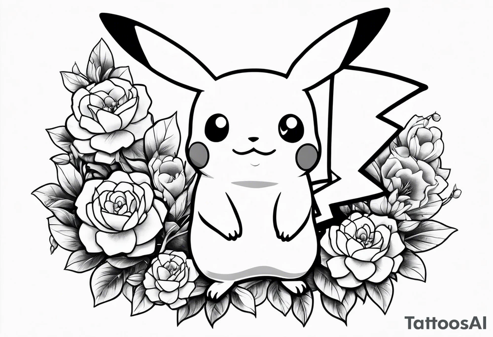 Pikachu Holding bouquet of flowers tattoo idea