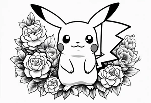Pikachu Holding bouquet of flowers tattoo idea