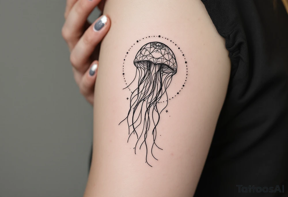 fine-line tattoo, single jellyfish, sacred geometry surround, dotwork patterns, jellyfish bell dome, flowing tentacles, trailing streamers, geometric mandala, radiating dotwork, minimalist design, black grey lines, soft shading, no outlines, geometric frame, organic jellyfish form, upper arm shoulder placement, light airy feel, delicate linework, geometric backdrop, refined elements, clean lines, radiating patterns, jellyfish centerpiece tattoo idea
