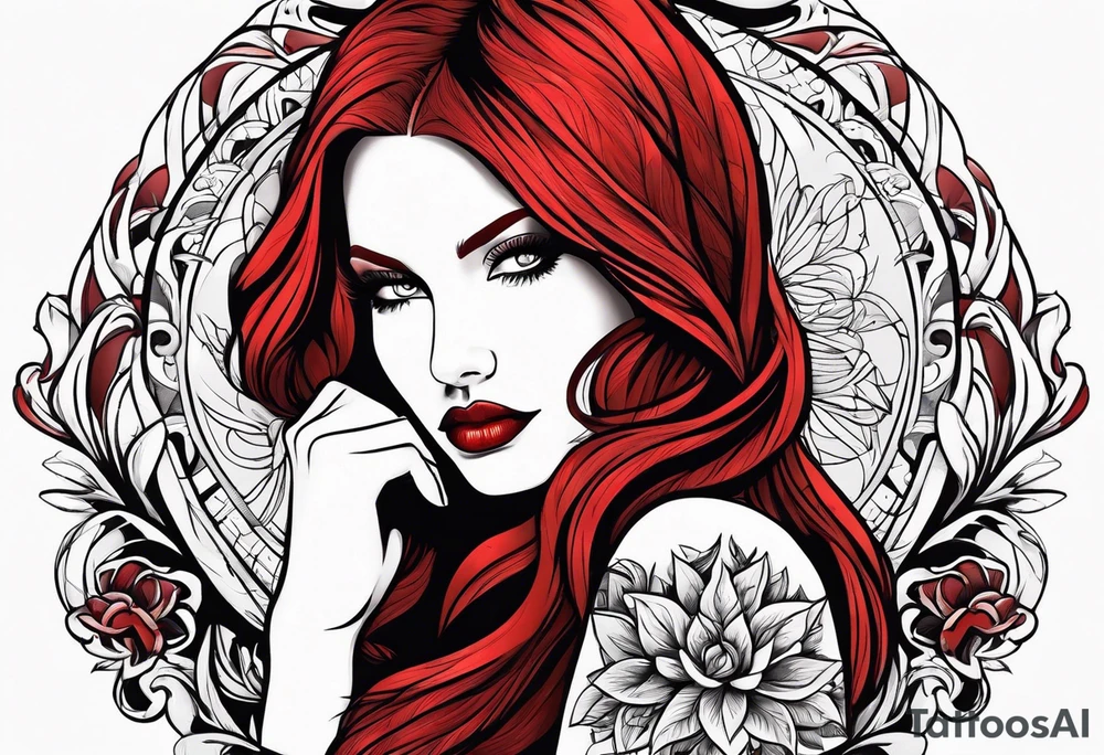 Busty red hair woman with bearded black hair man tattoo idea