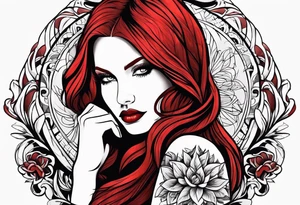 Busty red hair woman with bearded black hair man tattoo idea