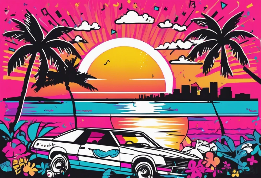 1980's miami vice style beach dance 
party, include confetti, music notes, boom box, bikinis sunset in the center tattoo idea