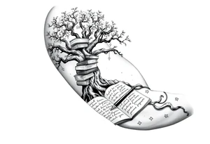 Majestic tree of knowledge with books connected as roots stacked up and an open journal with beautiful cursive writing at the base with a fountain pen for the left arm sleeve tattoo idea
