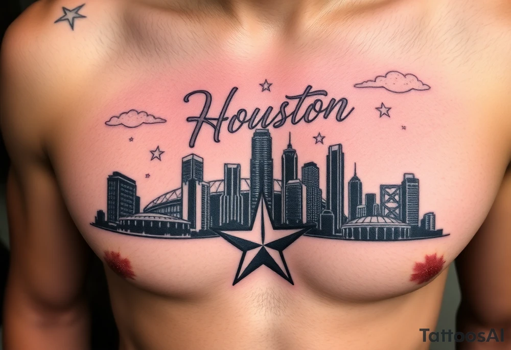 Houston texas skyline Behind houston astrodome, stars nighttime stars and clouds, Houston cursive in sky, Houston Astros star,fill in smoke stars in space, H rockets, tattoo idea