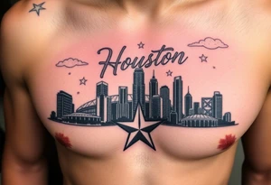 Houston texas skyline Behind houston astrodome, stars nighttime stars and clouds, Houston cursive in sky, Houston Astros star,fill in smoke stars in space, H rockets, tattoo idea