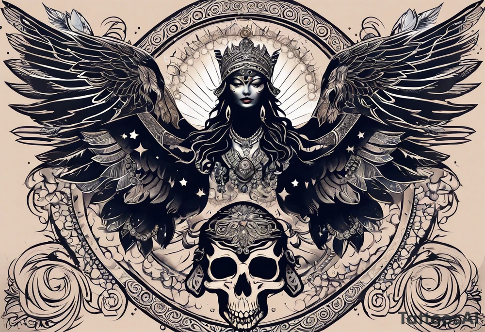 black kali, goddess pirate, alien, angel, pachamama, valkrye, warrior, flying, skull, lotus azul, wing, eagle, zenza resonance, stars, 5D, anahata chakra, death, durga, riding on a tiger, flying lady tattoo idea