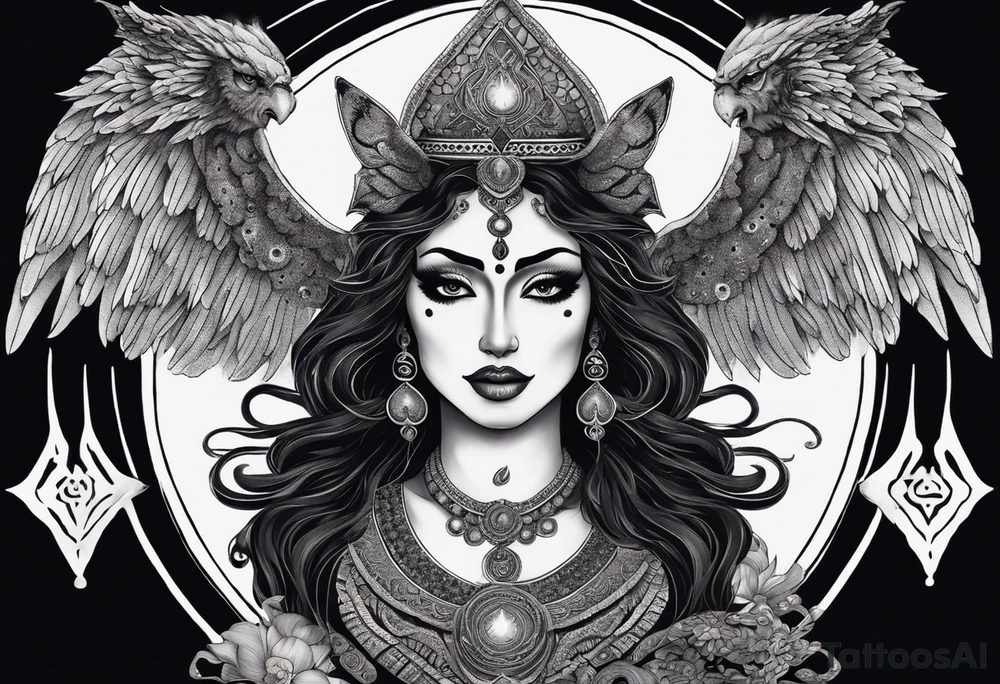 black kali, goddess pirate, alien, angel, pachamama, valkrye, warrior, flying, skull, lotus azul, wing, eagle, zenza resonance, stars, 5D, anahata chakra, death, durga, riding on a tiger, flying lady, kundalini, chest tatoo, samuri, rebel,s erpent tattoo idea