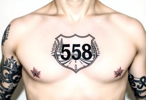 Arm sleeve small State Route sign 558, with trees all around and farm in background, road w/ view facing up the arm tattoo idea