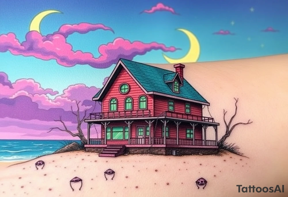 Tim Burton’s haunted pastel beach home is abandoned and dripping with muted reds, dusty pinks, and eerie green glow.purple and cyan smokey clouds swirl in the crescent moonlit sky thats sprinkled with stars tattoo idea tattoo idea