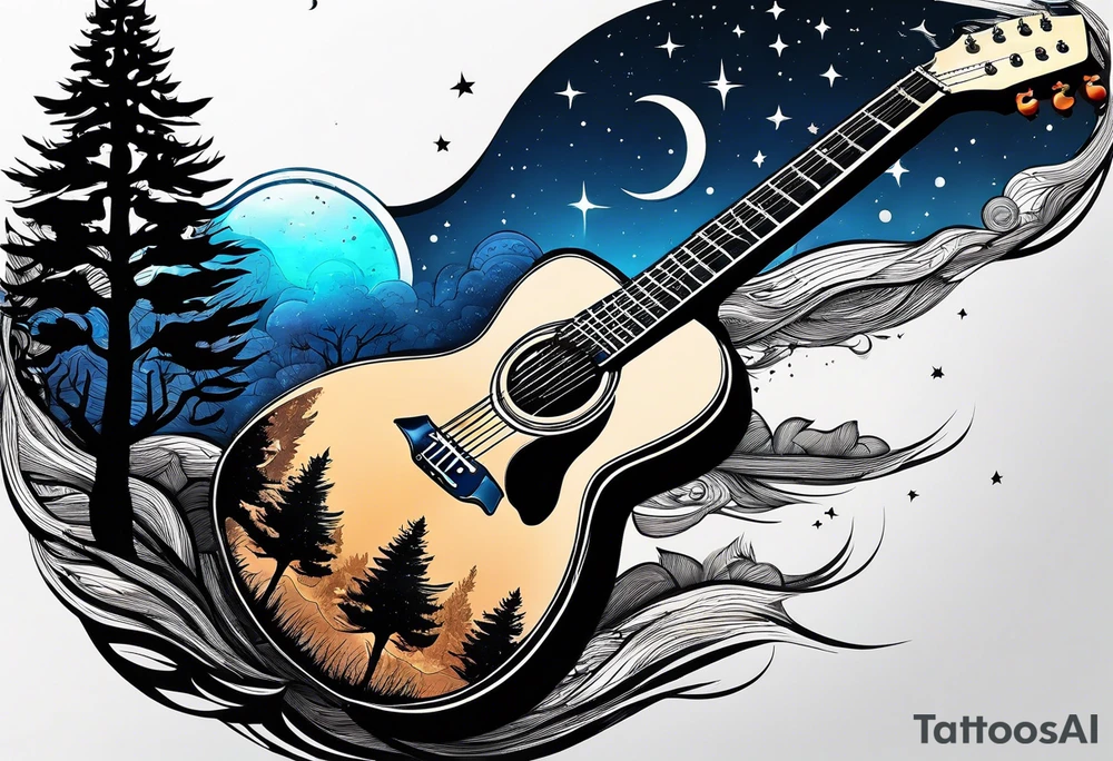 guitar made out of trees and a night sky tattoo idea