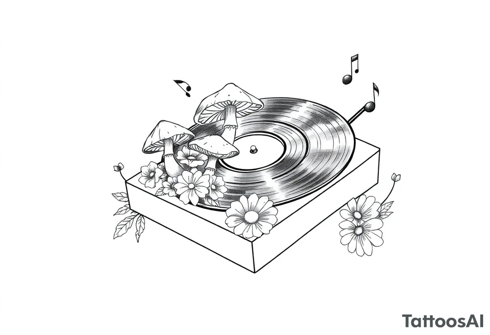 vinyl record player with mushrooms, flowers, and music notes around it tattoo idea