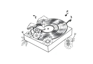 vinyl record player with mushrooms, flowers, and music notes around it tattoo idea