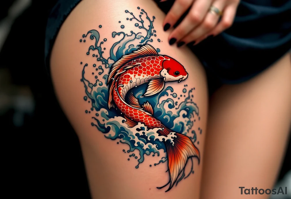 A crimson red koi fish swimming upstream with blue water waves, symbolizing perseverance and strength. tattoo idea