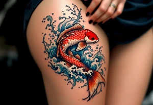 A crimson red koi fish swimming upstream with blue water waves, symbolizing perseverance and strength. tattoo idea