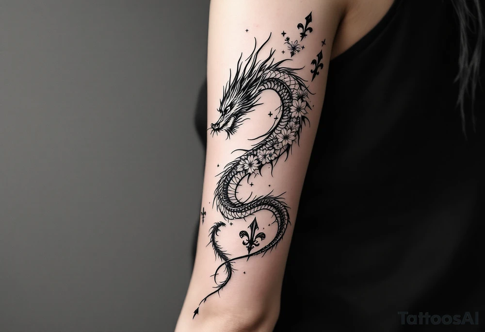 un dragon central entouré de fleurs de lys tattoo idea