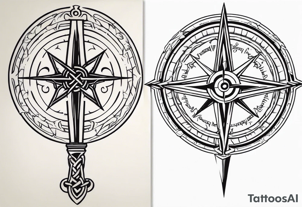 Two Celtic swords going through a compass with a labyrinth throughout tattoo idea