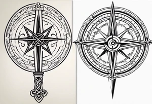 Two Celtic swords going through a compass with a labyrinth throughout tattoo idea