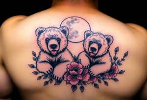 Tattoo, two realsistic baby brown bears, moon, colored carnations and vines, 9-28-14, "Bear is life", tattoo idea