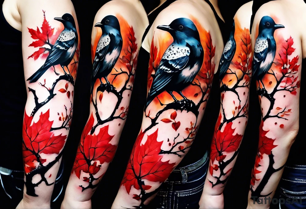 trash polka style. Arm tattoo. chest tattoo. Long tattoo. large tattoo. Full sleeve. Shoulder. A single large maple tree with red autumn leaves that branches upwards from wrist to shoulder. White-throated dipper bird on the trees branches. Calluna flowers at the base of the trees stem. Tree stem has dark colors. Red/yellow sunset behind the trees stem. Leaves falling. tattoo idea