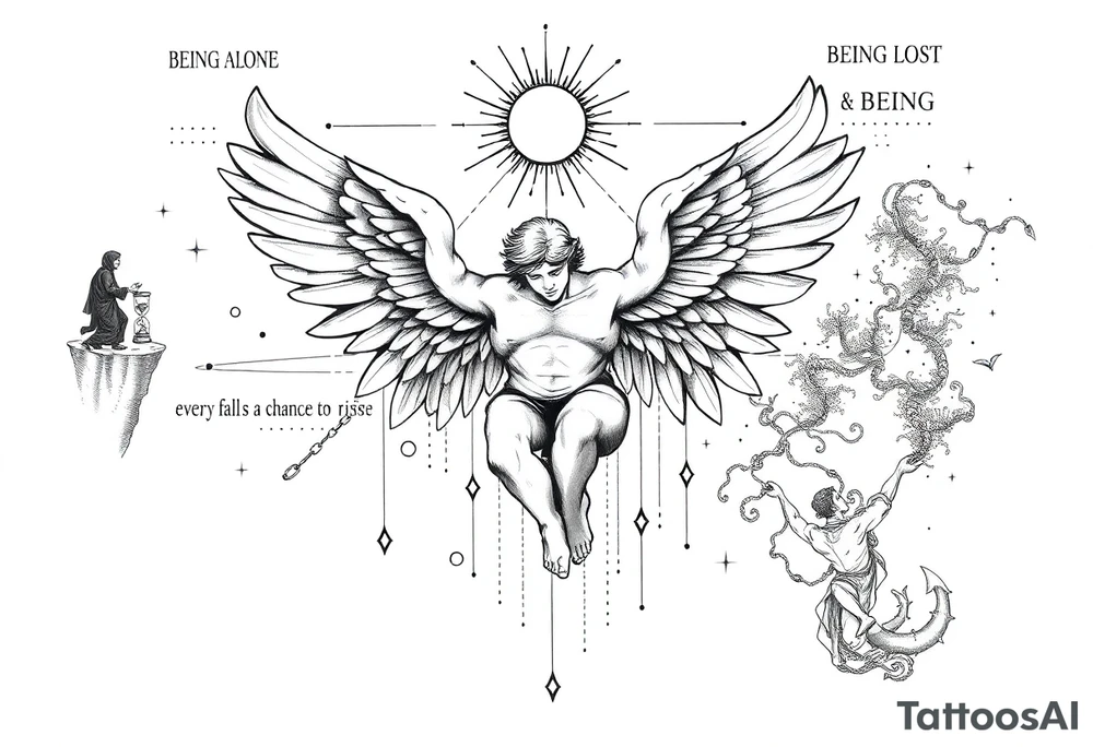 A detailed blackwork and fine line tattoo design, to be placed on a forearm, in the specific illustrative and dotwork engraving style. The central and most prominent element is a large, powerful illustration of a falling male angel with expansive, detailed wings, as depicted in the reference image. He is descending amidst abstract geometric lines and circles. Above him is a sunburst element with radiating lines and dots. The text "every fall is a chance to rise" is integrated around this central figure, split into two parts.
​Surrounding this centerpiece, the four key phases of life are interconnected:
​Upper Section (Framing the fall):
​To the left, "BEING ALONE" is symbolized by a solitary, cloaked figure on a cliff edge overlooking a void, with broken chains and a cracked hourglass.
​To the right, "BEING LOST" is depicted as a tangled forest of thorny vines and a stormy sea with a broken compass and a tattered map. The text "BEING ALONE" and "LOST" are included.
​Lower Section (Symbolizing the rise):
​Below the central geometric elements, "FINDING PURPOSE" is featured with a radiating lighthouse, a clear compass, and an illuminated scroll with symbols. The text "FINDING PURPOSE" is included.
​At the very bottom, "RISING AGAIN" is shown as a magnificent phoenix rising from flames, with balanced scales and a crowned figure ascending. The text "RISING AGAIN" is included.
​Style Notes:
​The entire tattoo is rendered in black ink only, using fine lines, deep black shading, cross-hatching, and extensive dotwork to create texture, depth, and a classic engraving feel.
​All elements are interconnected with subtle flowing lines, geometric patterns, and dotted pathways, creating a cohesive and powerful narrative around the central theme of falling and rising. tattoo idea