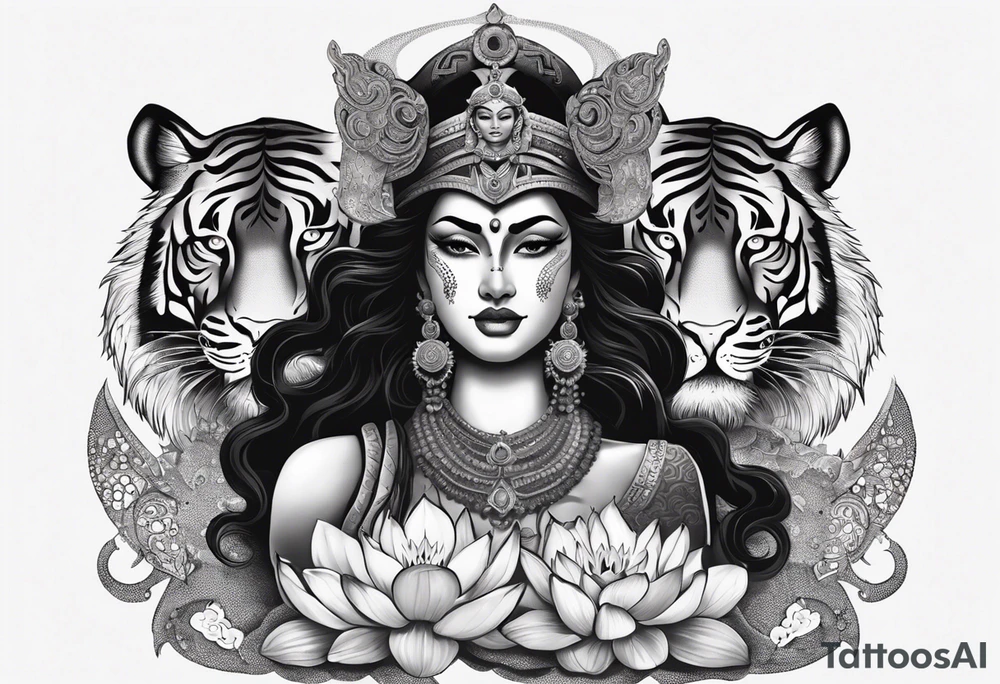 kali, durga goddess, riding a tiger, pirate, pachamama, chest tatoo, lotus, piarte tattoo idea