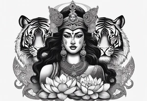 kali, durga goddess, riding a tiger, pirate, pachamama, chest tatoo, lotus, piarte tattoo idea