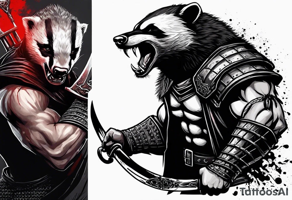 Draw me psychopath Honey Badger/Berserker/Assassin with aggressive full body, killer face with a scary smile, very long nails and he attacks like a Bloody Assassin/Warrior/Gladiator to us and also, he has very deadly looking. He fights with his nails only. Everybody scares after their first sight. Give me horror type Badger Tattoo. I want to see his Realistic full body with no weapons. You can show destruction at the back. tattoo idea