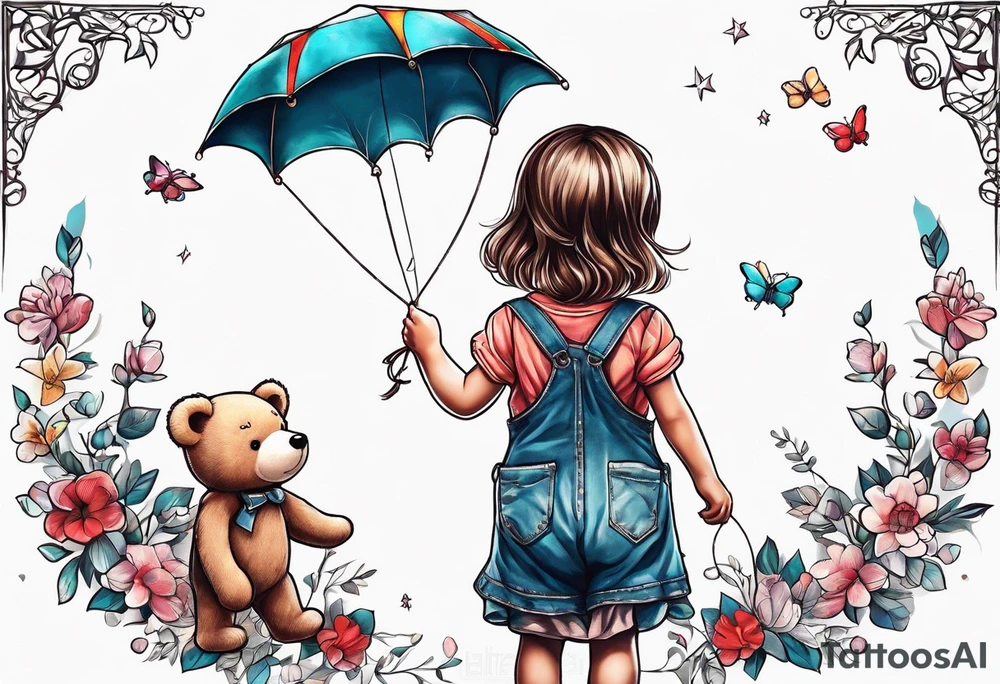 back image of a little girl in a dress, holding a kite , a teddy bear in overalls, standing beside her tattoo idea