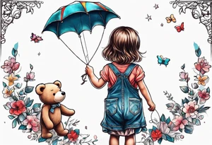back image of a little girl in a dress, holding a kite , a teddy bear in overalls, standing beside her tattoo idea