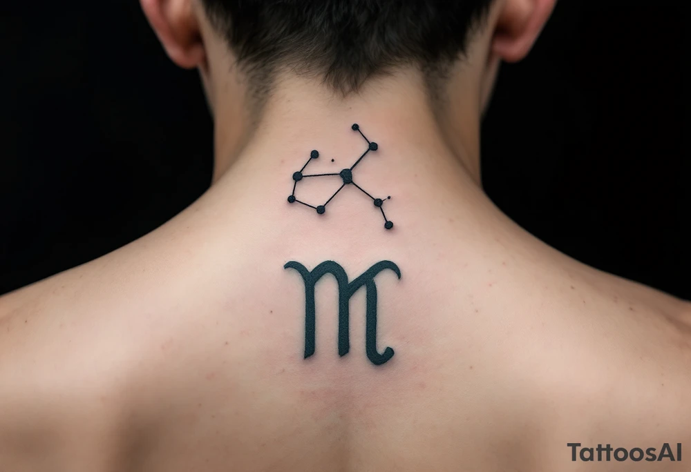 A dark blue Virgo constellation floats above the zodiac symbol carved in moss green near the collarbone. tattoo idea