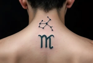 A dark blue Virgo constellation floats above the zodiac symbol carved in moss green near the collarbone. tattoo idea